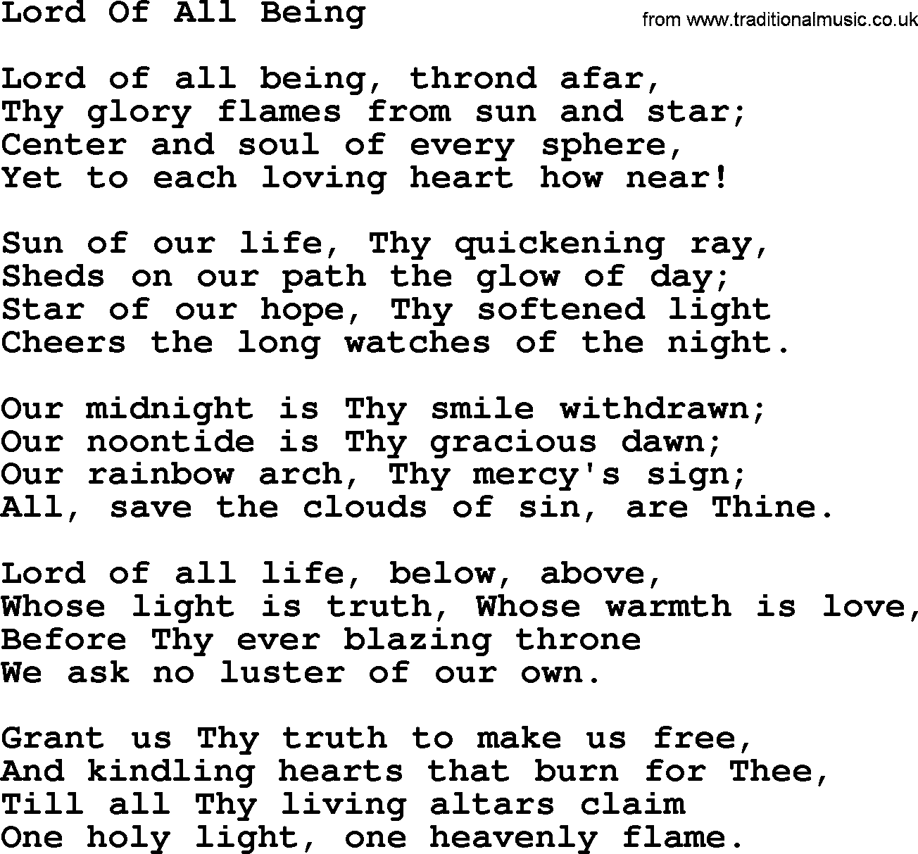Catholic Hymn: Lord Of All Being lyrics with PDF