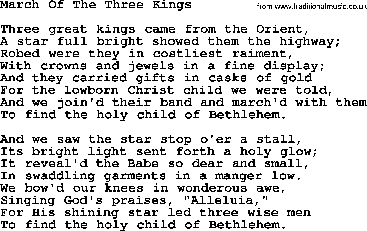 Catholic Hymn: March Of The Three Kings lyrics with PDF