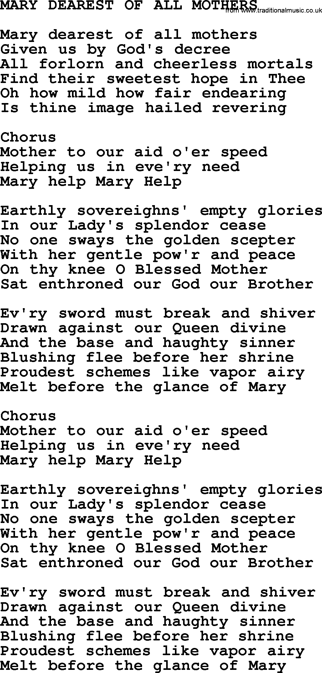 Catholic Hymn: Mary Dearest Of All Mothers lyrics with PDF