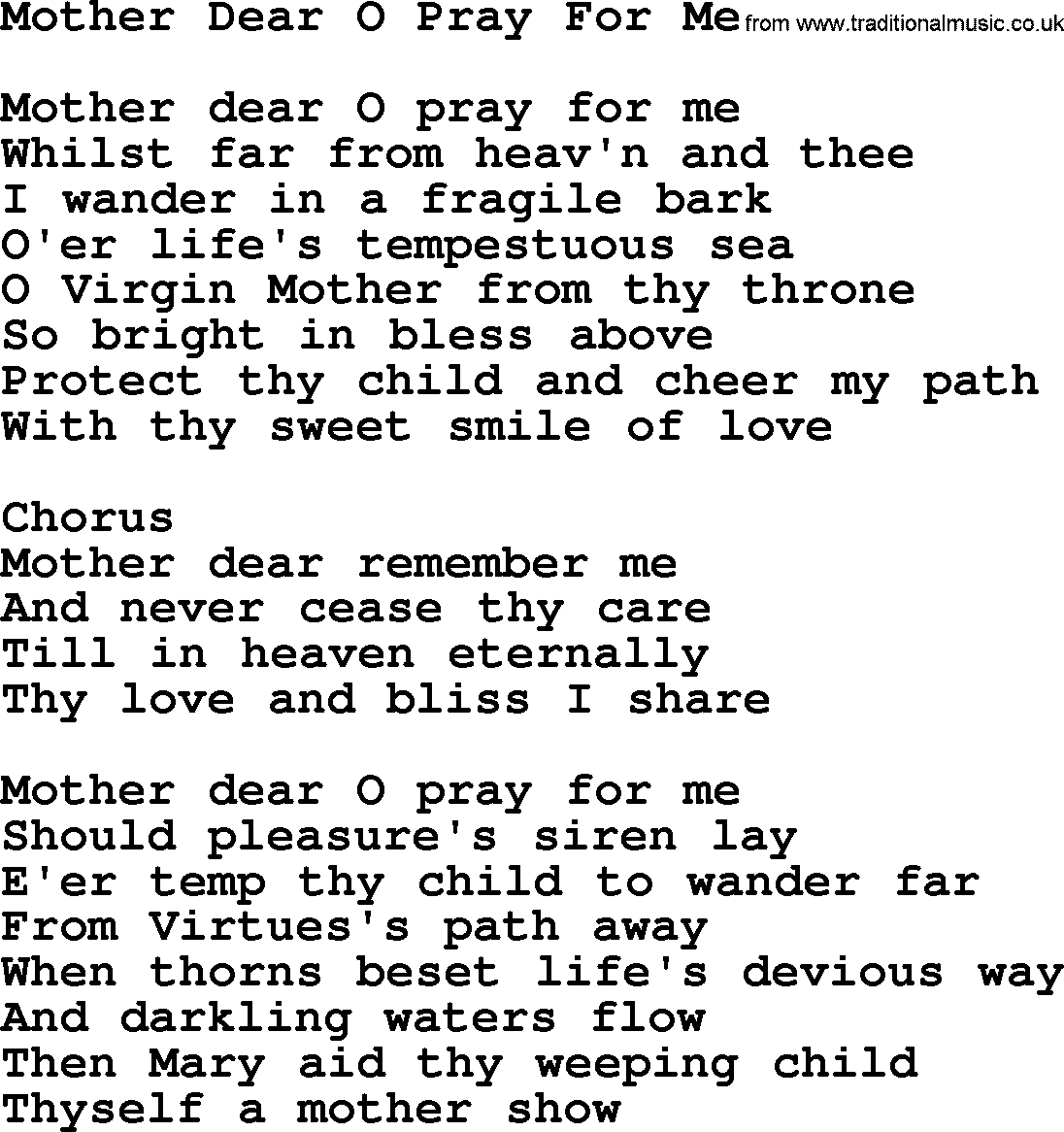 Catholic Hymn: Mother Dear O Pray For Me lyrics with PDF