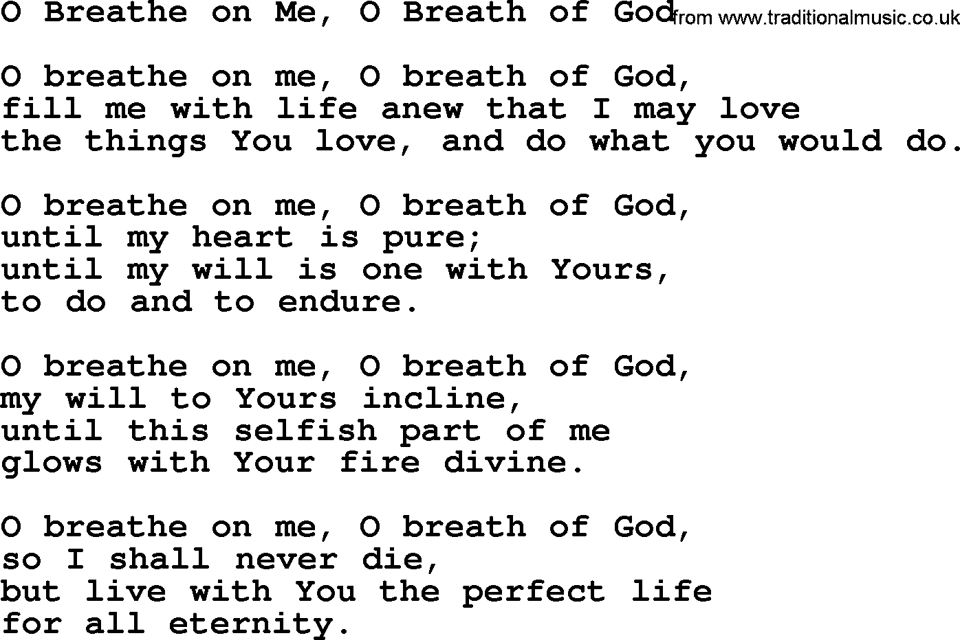 Catholic Hymn: O Breathe On Me, O Breath Of God lyrics with PDF