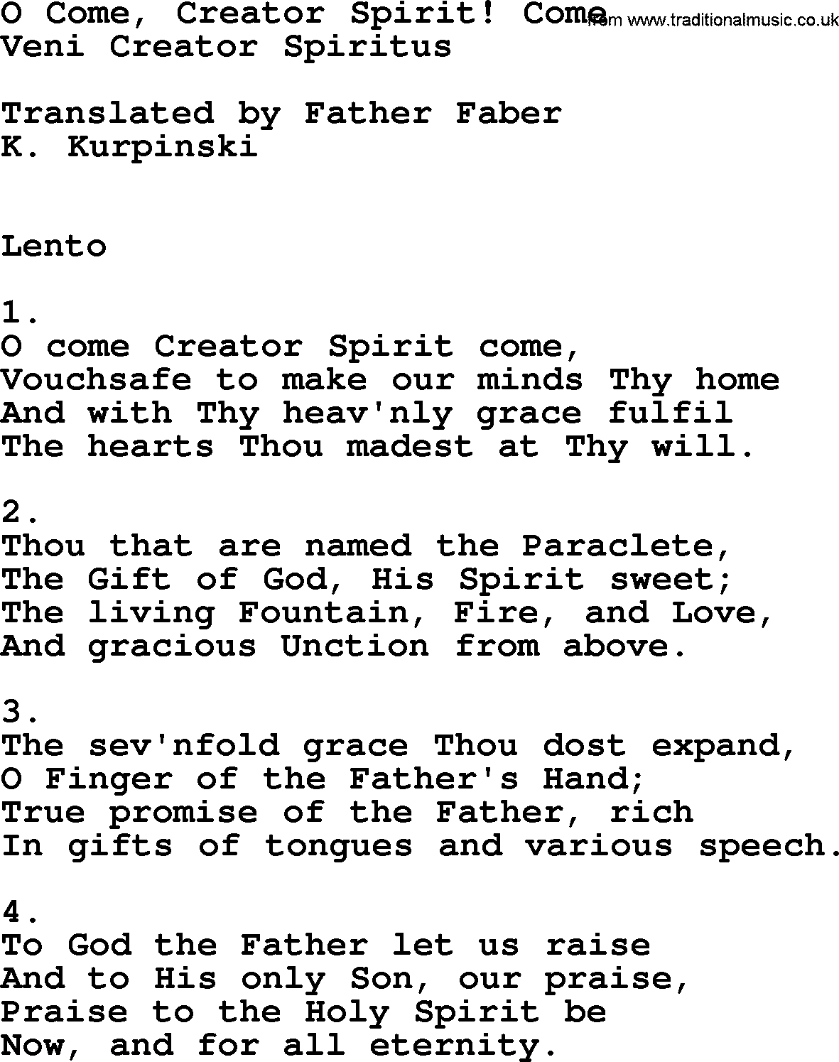 Catholic Hymn: O Come, Creator Spirit! Come lyrics with PDF