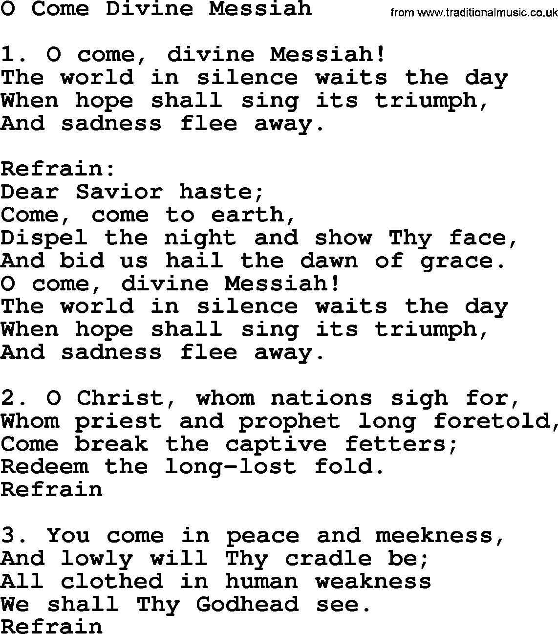 Catholic Hymn: O Come Divine Messiah lyrics with PDF