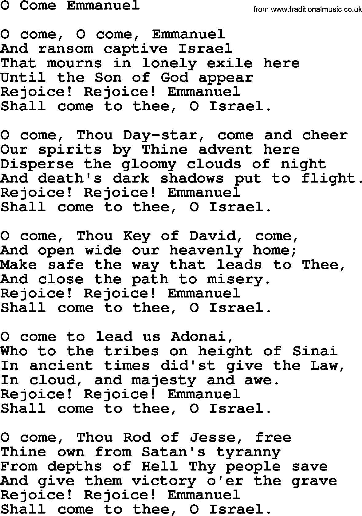 Catholic Hymn: O Come Emmanuel lyrics with PDF