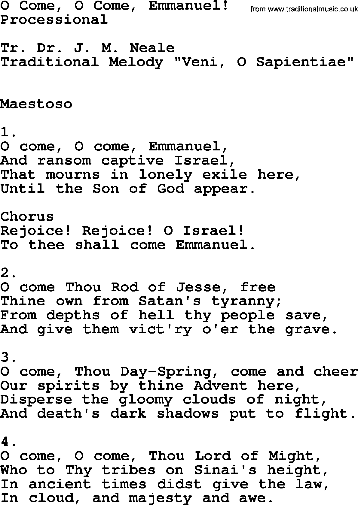 Catholic Hymn: O Come, O Come, Emmanuel! lyrics with PDF