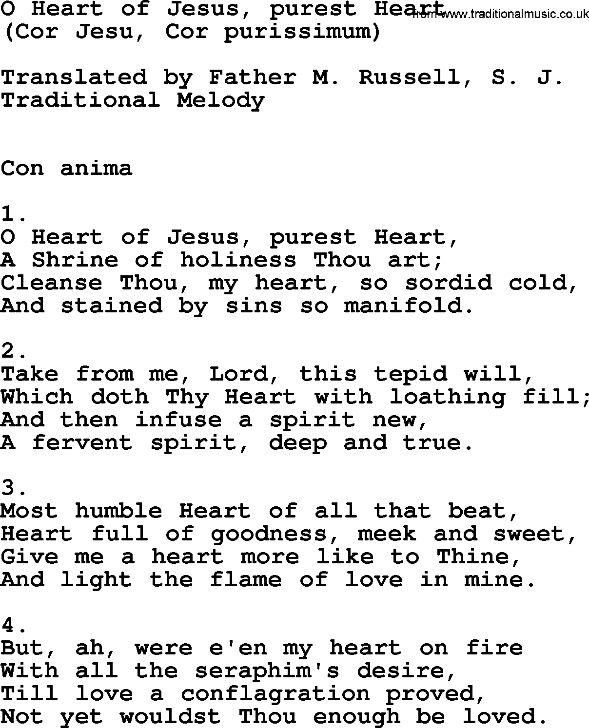 Catholic Hymn: O Heart Of Jesus, Purest Heart lyrics with PDF