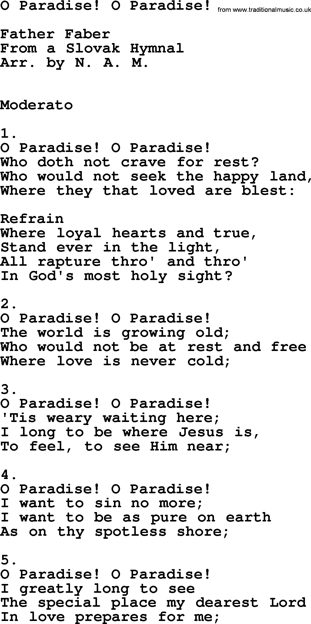 Catholic Hymn: O Paradise! O Paradise! lyrics with PDF