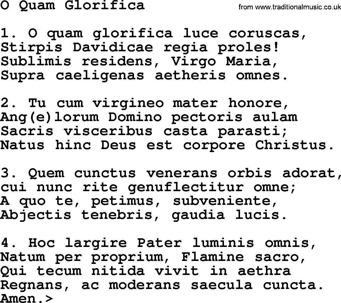 Catholic Hymn: O Quam Glorifica lyrics with PDF