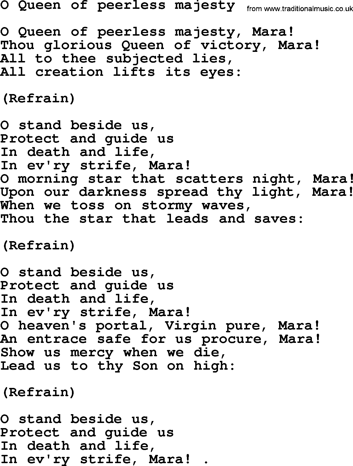 Catholic Hymn: O Queen Of Peerless Majesty lyrics with PDF