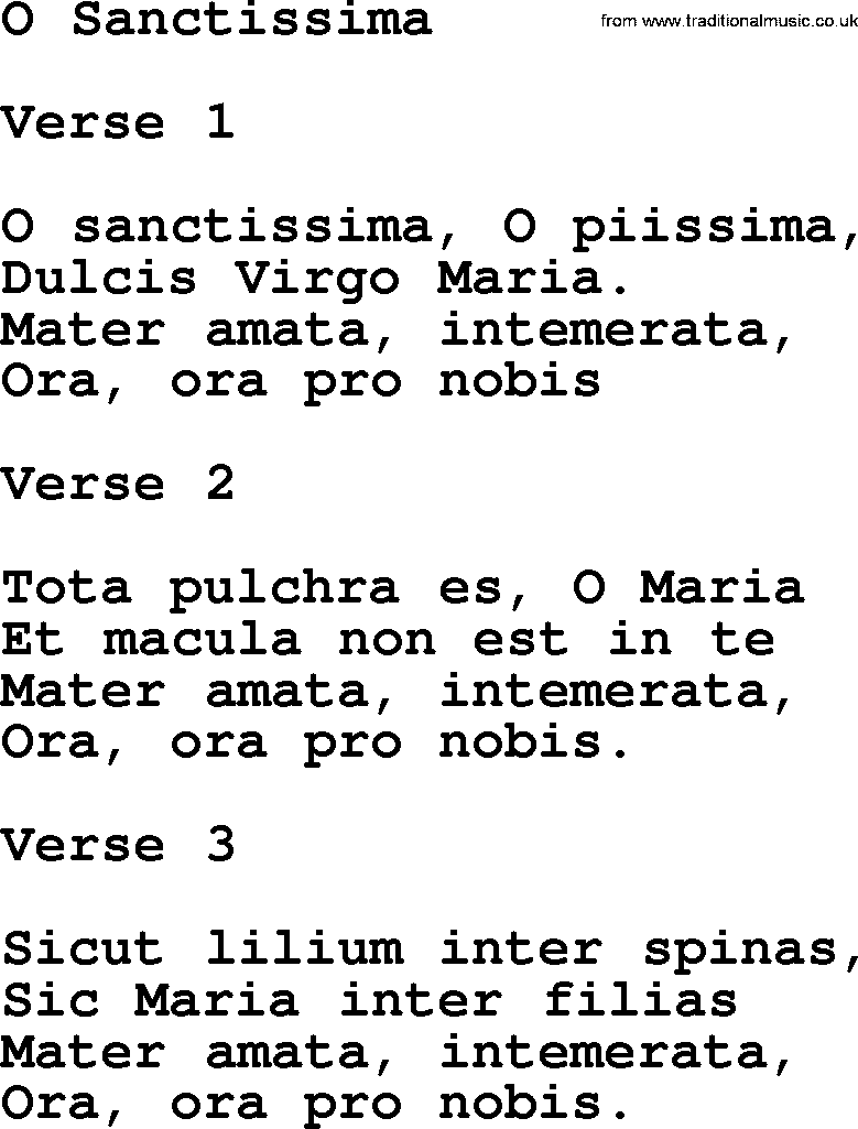 Catholic Hymn: O Sanctissima lyrics with PDF