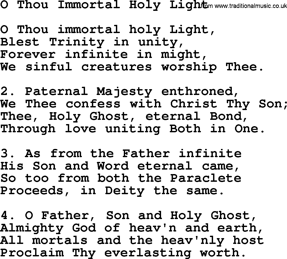 Catholic Hymn: O Thou Immortal Holy Light lyrics with PDF