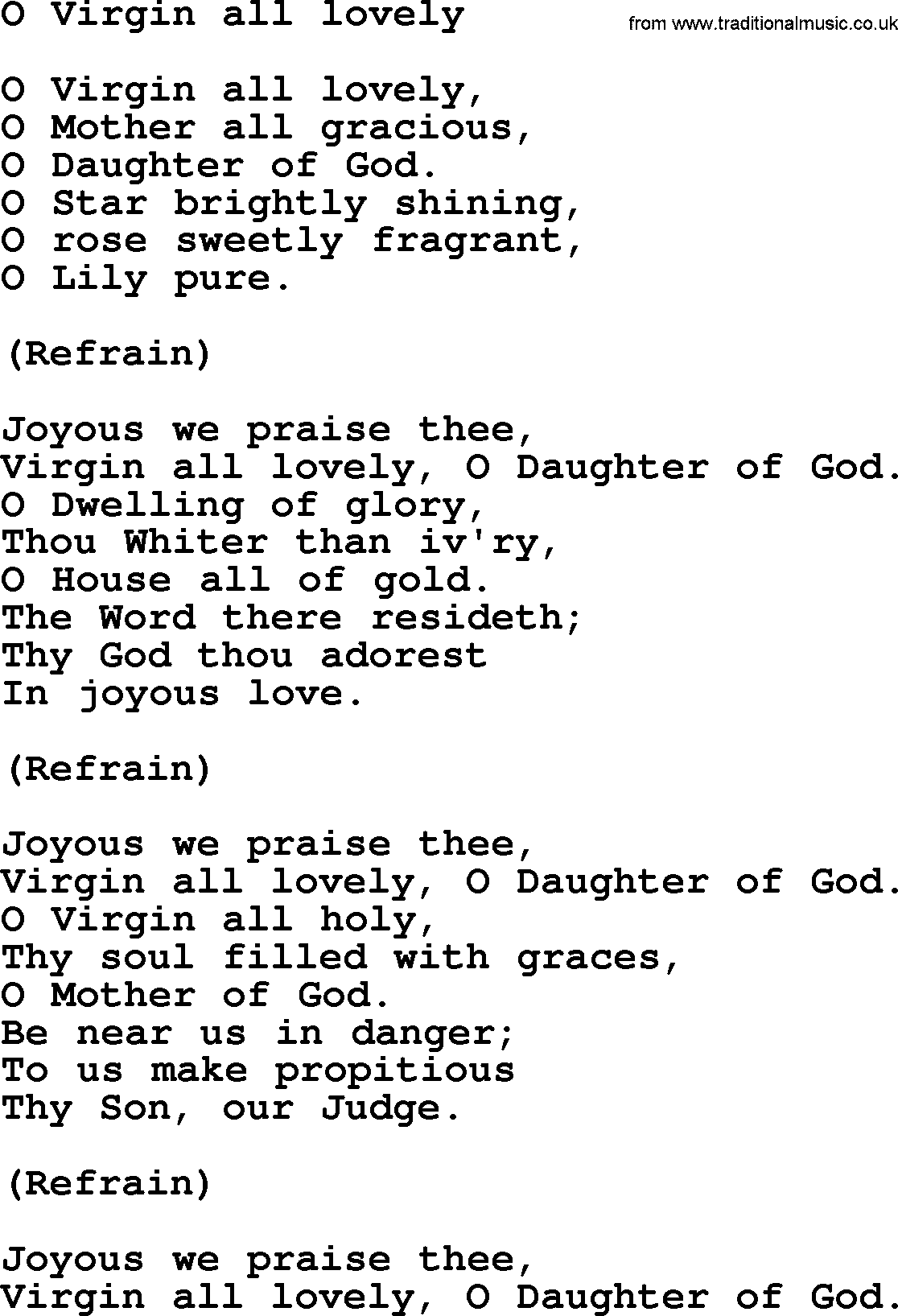 Catholic Hymn: O Virgin All Lovely lyrics with PDF