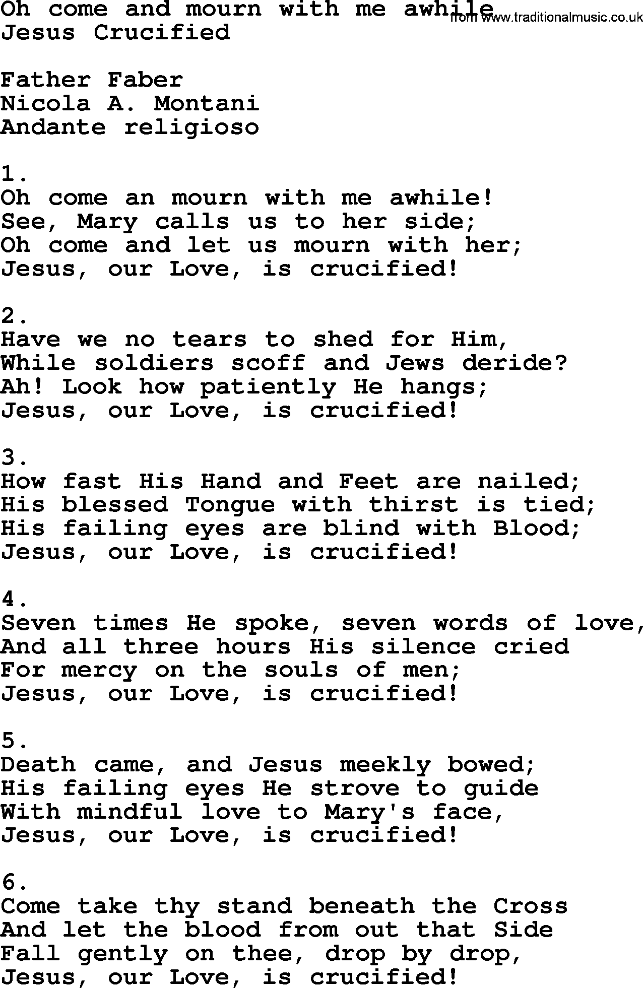 Catholic Hymn: Oh Come And Mourn With Me Awhile lyrics with PDF