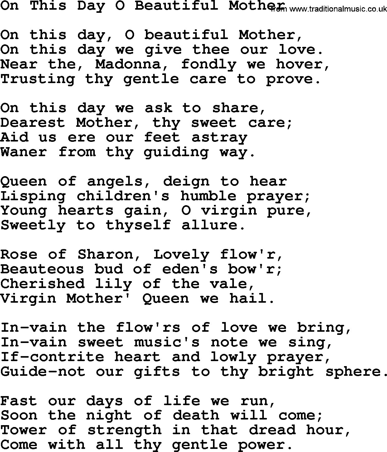 Catholic Hymn: On This Day O Beautiful Mother lyrics with PDF