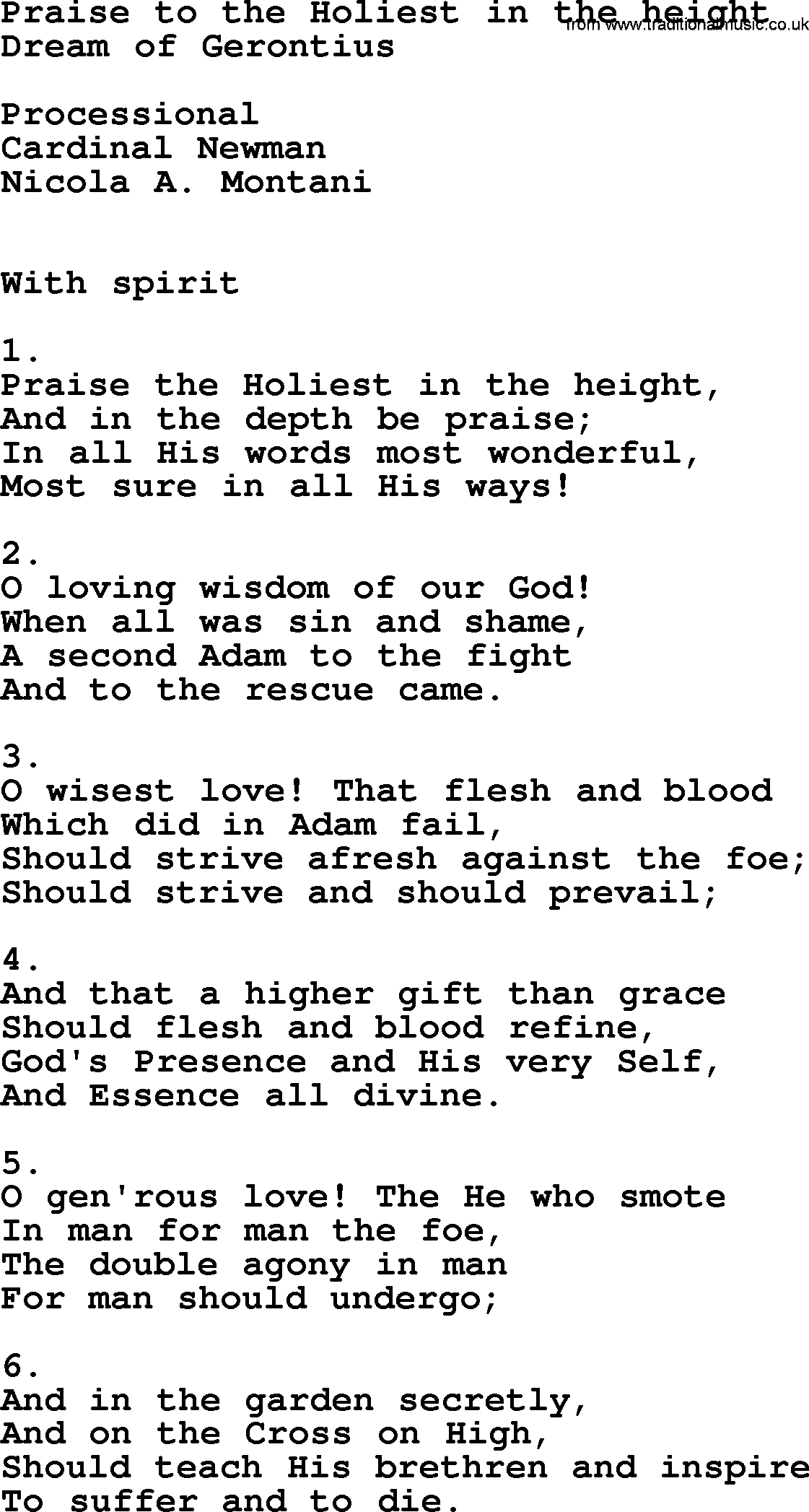 Catholic Hymn: Praise To The Holiest In The Height lyrics with PDF