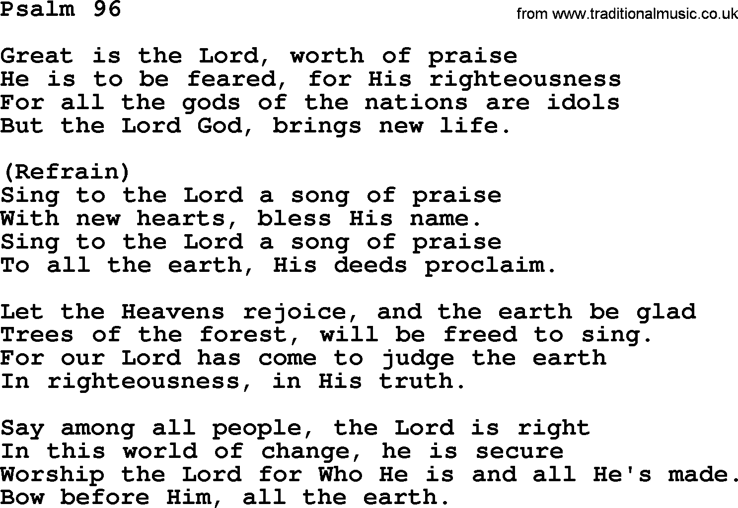 Catholic Hymn: Psalm 96 lyrics with PDF
