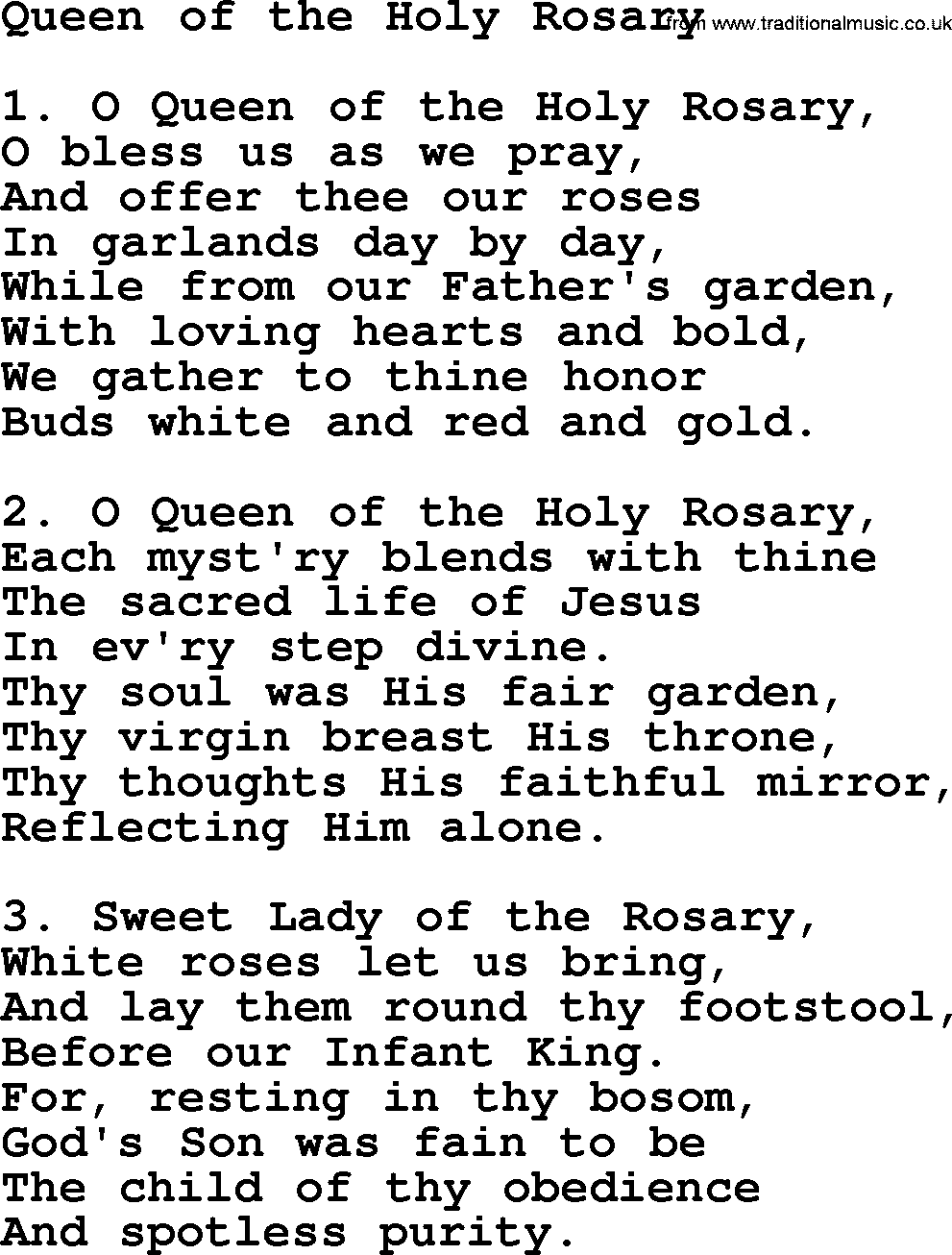 Catholic Hymn: Queen Of The Holy Rosary lyrics with PDF