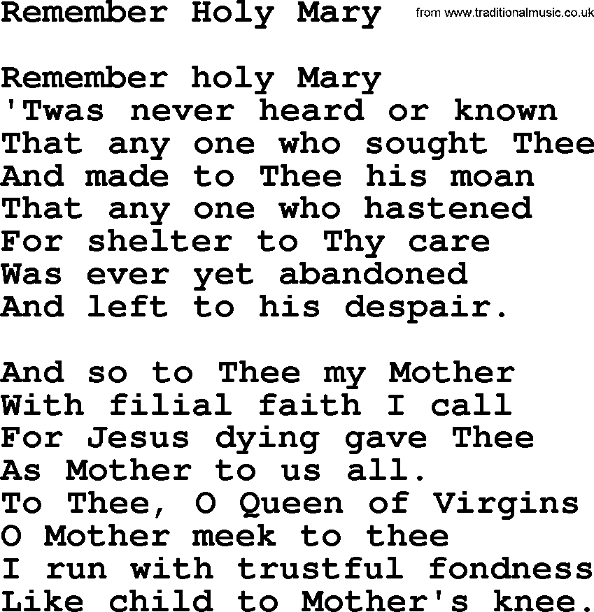 Catholic Hymn: Remember Holy Mary lyrics with PDF