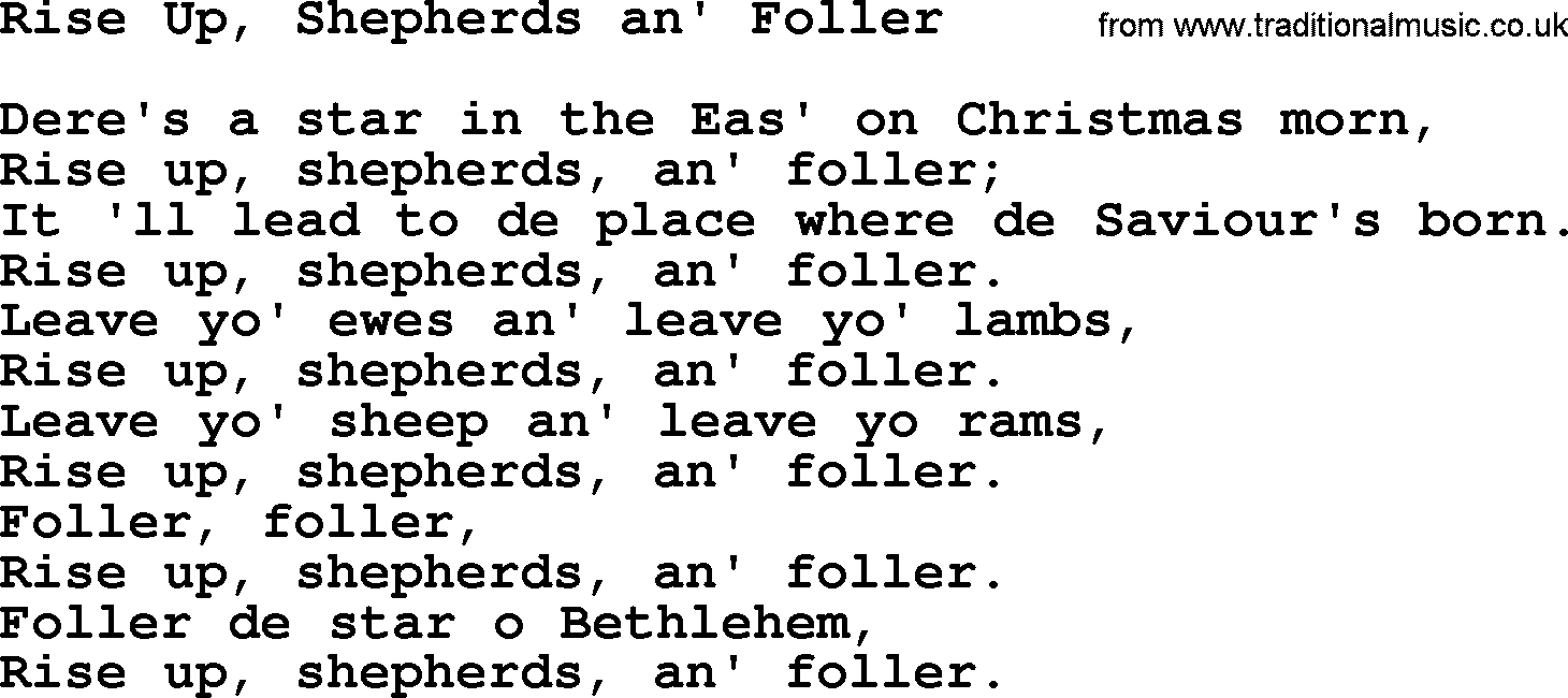 Catholic Hymn: Rise Up, Shepherds An' Foller lyrics with PDF