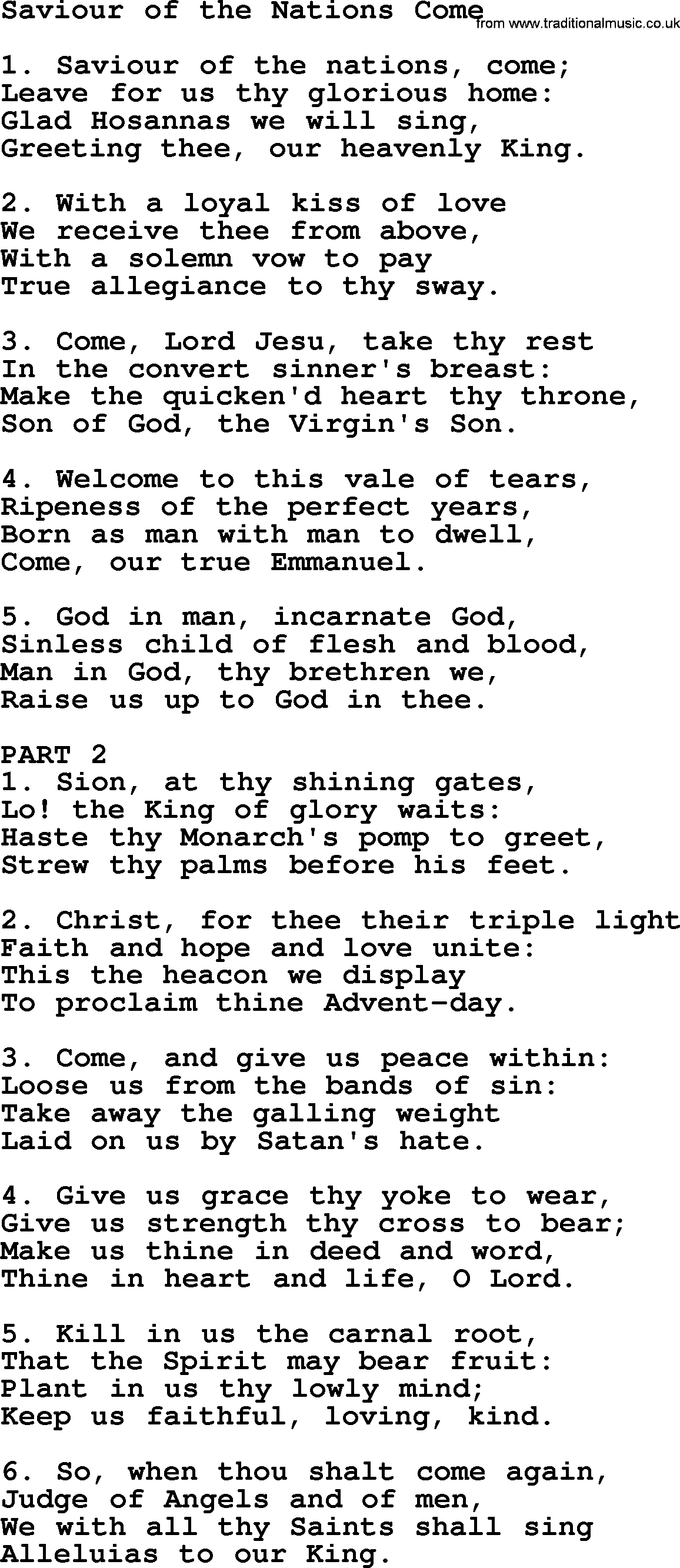 Catholic Hymn: Saviour Of The Nations Come lyrics with PDF