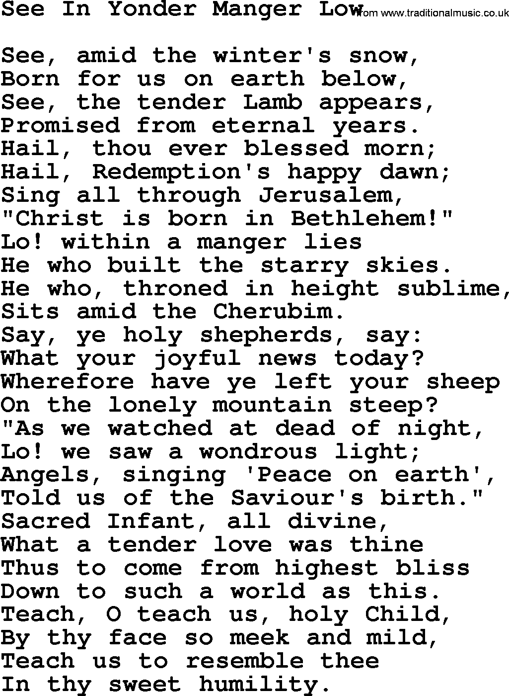 Catholic Hymn: See In Yonder Manger Low lyrics with PDF