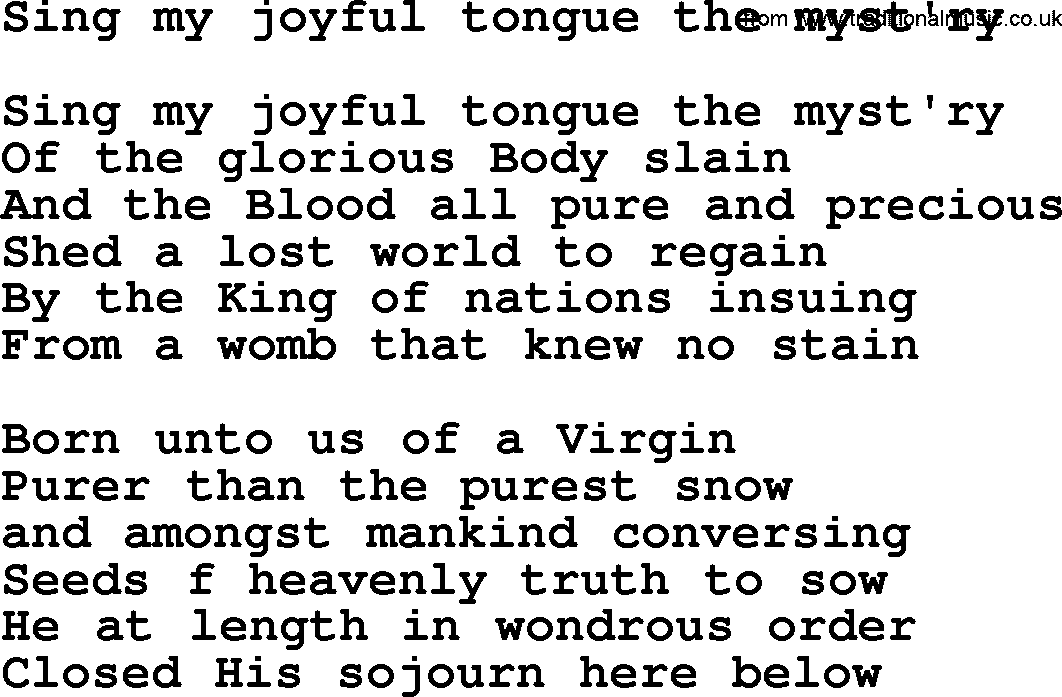 Catholic Hymn: Sing My Joyful Tongue The Myst'ry lyrics with PDF