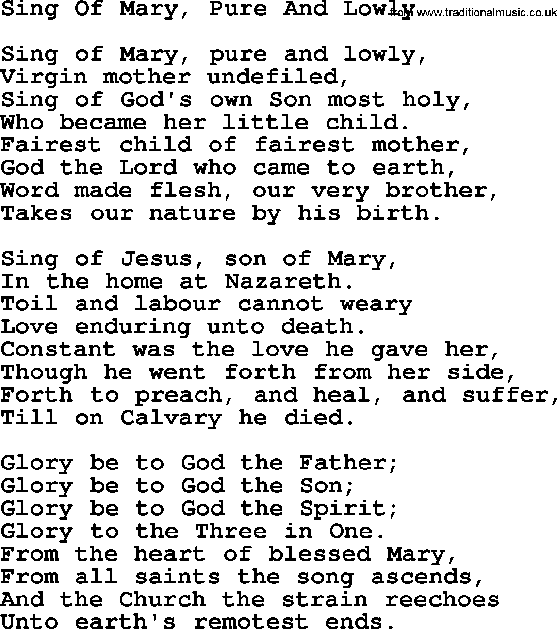 Catholic Hymn: Sing Of Mary, Pure And Lowly lyrics with PDF