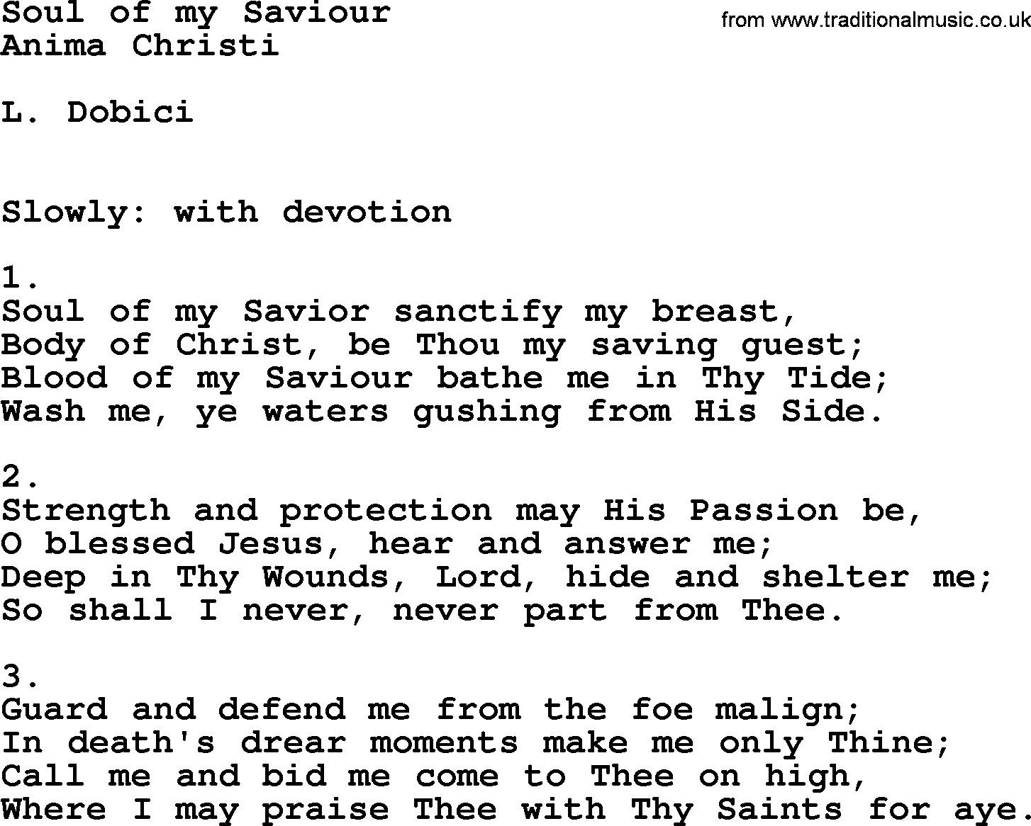 Catholic Hymn: Soul Of My Saviour lyrics with PDF