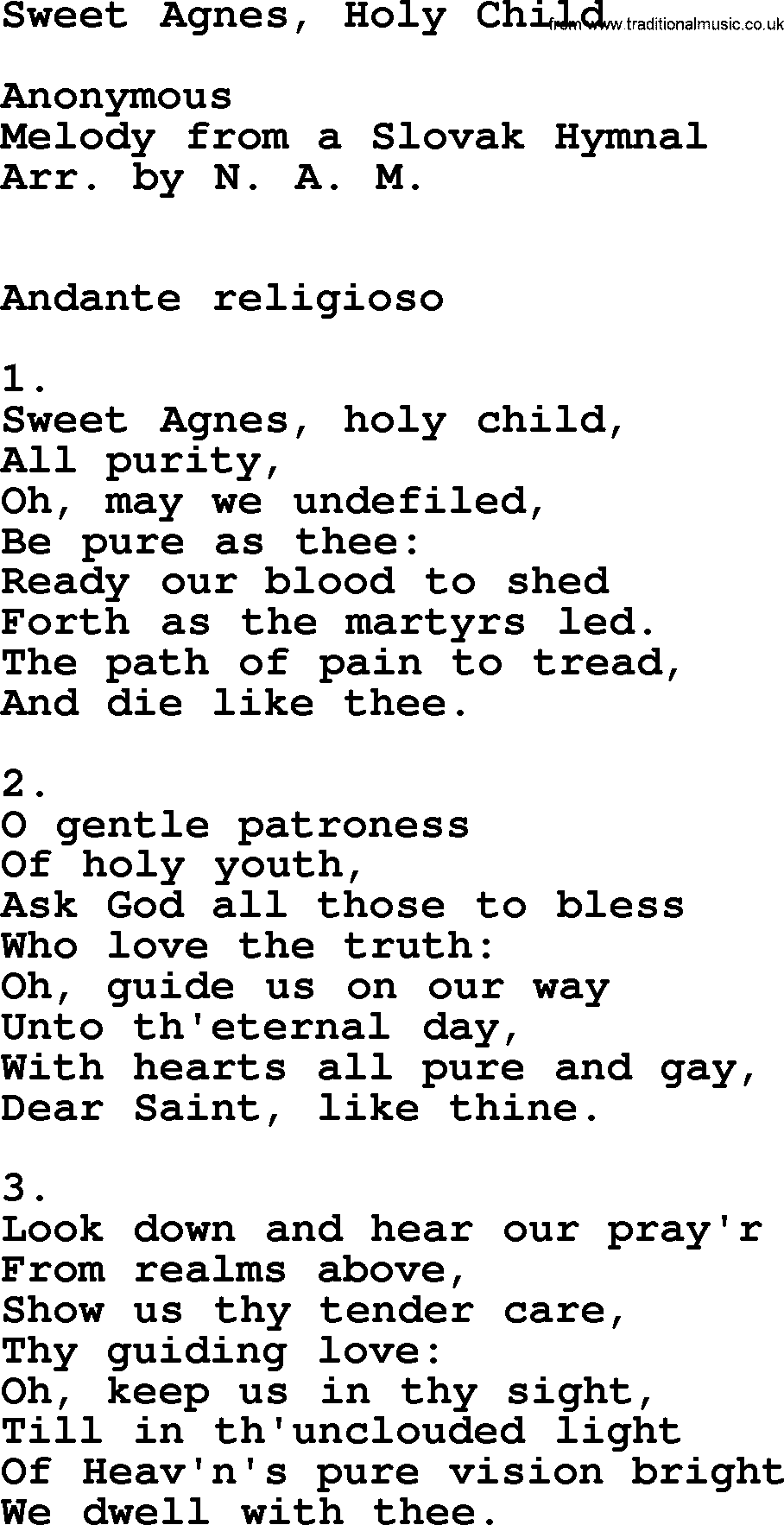 Catholic Hymn: Sweet Agnes, Holy Child lyrics with PDF