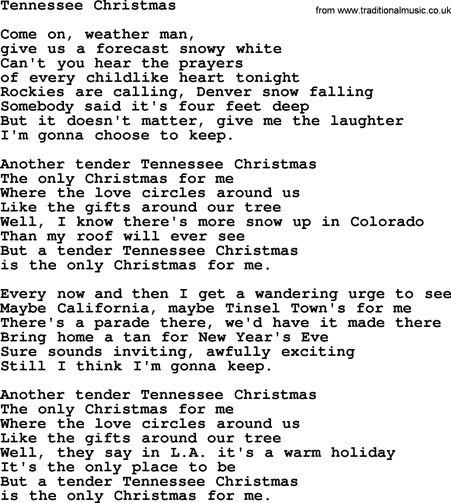 Catholic Hymn: Tennessee Christmas lyrics with PDF