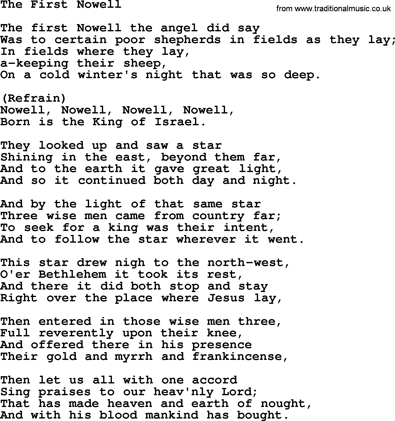 Catholic Hymn: The First Nowell lyrics with PDF