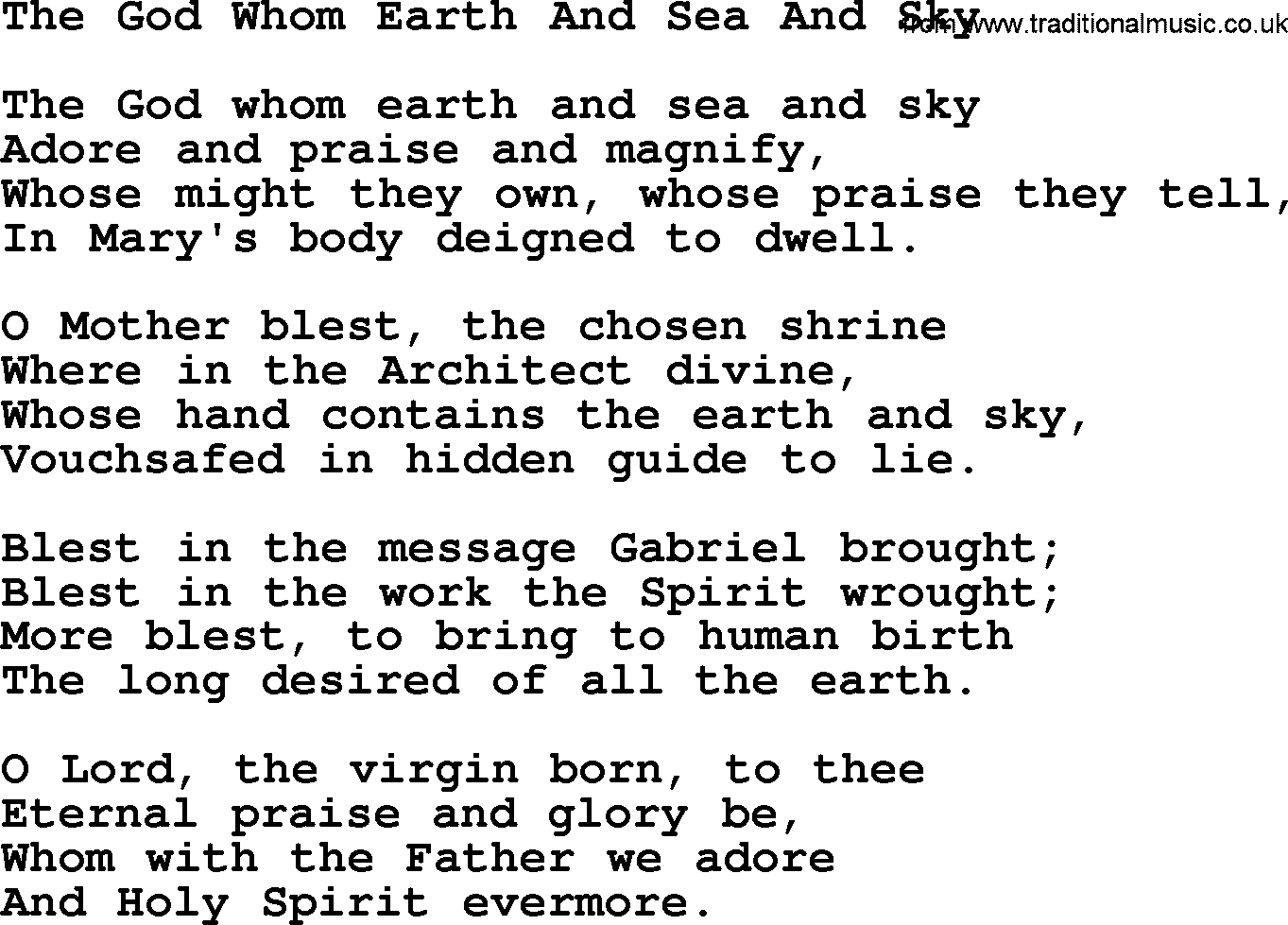 Catholic Hymn: The God Whom Earth And Sea And Sky lyrics with PDF