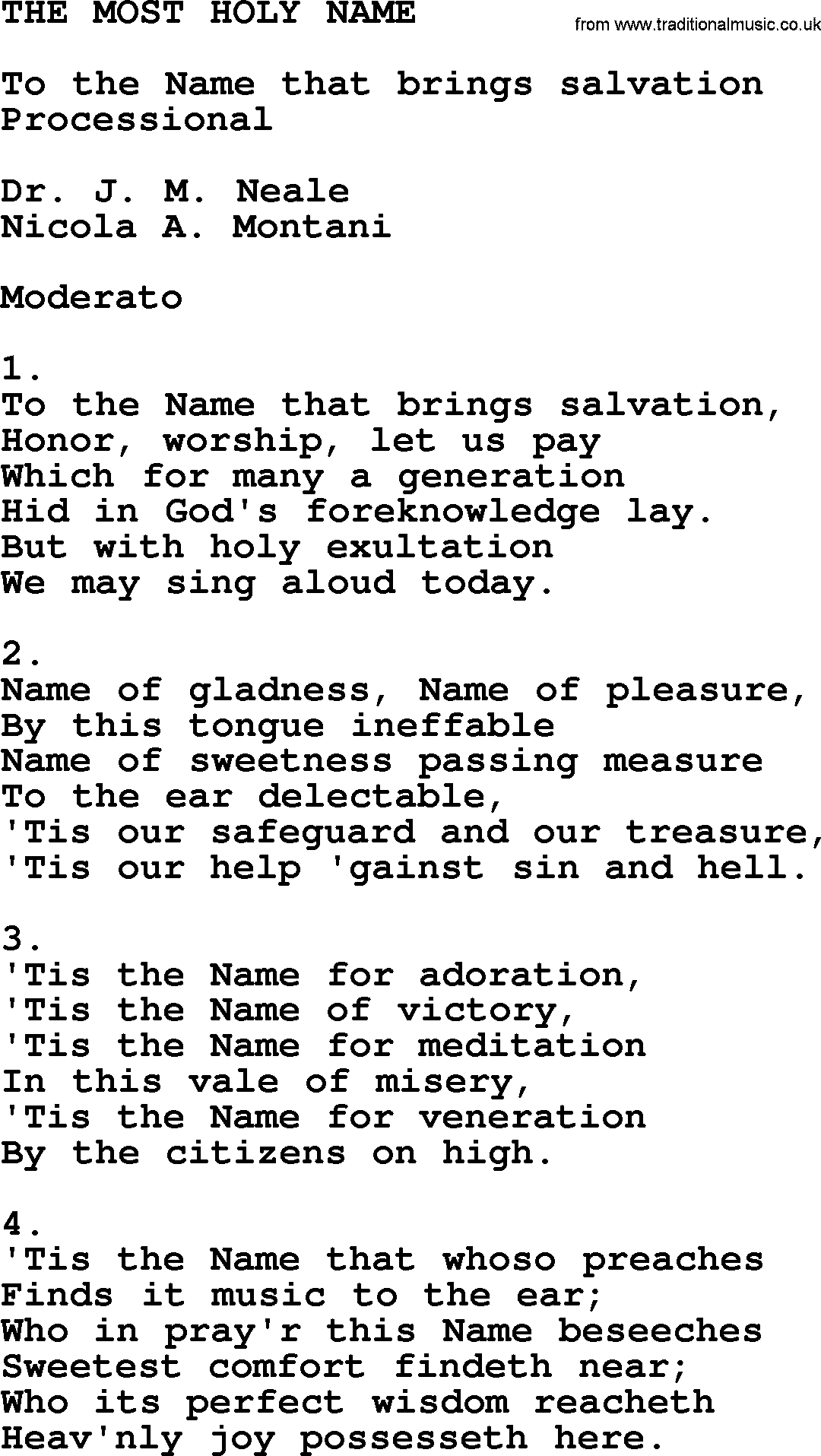 Catholic Hymn: The Most Holy Name lyrics with PDF