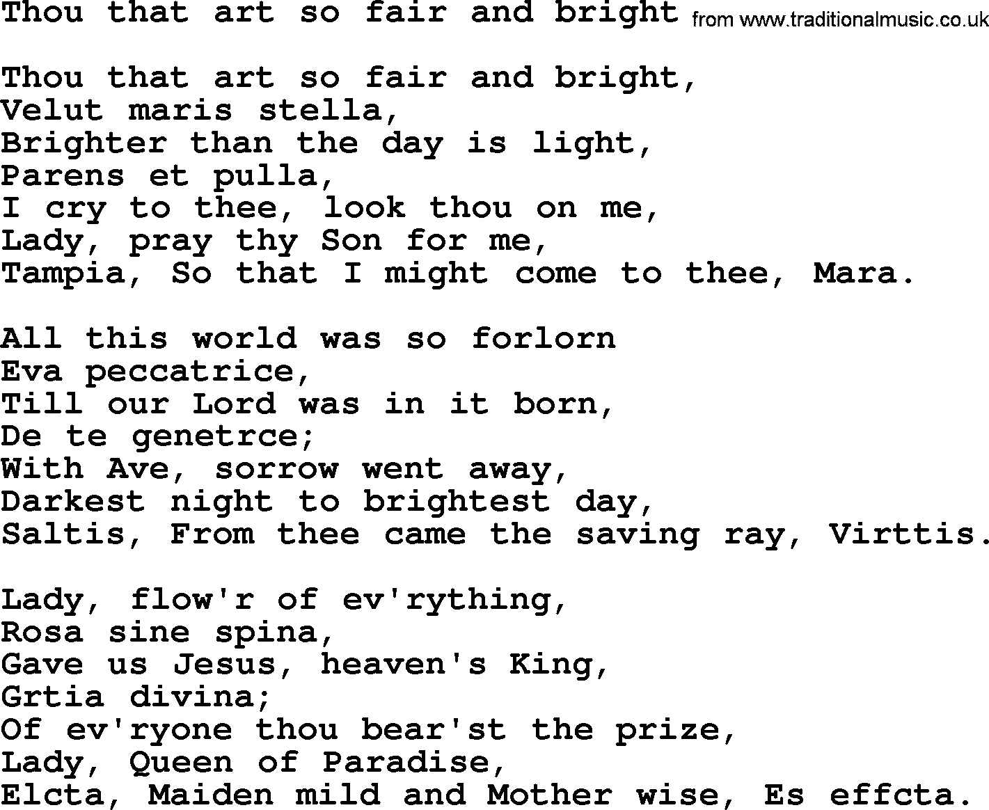 Catholic Hymn: Thou That Art So Fair And Bright lyrics with PDF