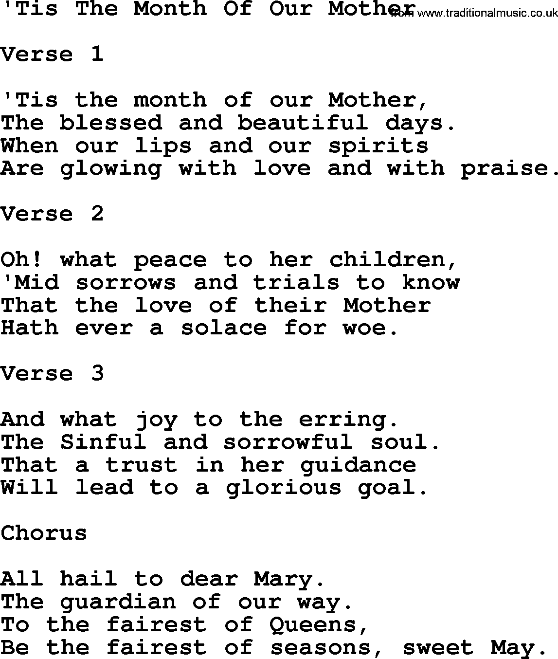 Catholic Hymn: Tis The Month Of Our Mother lyrics with PDF