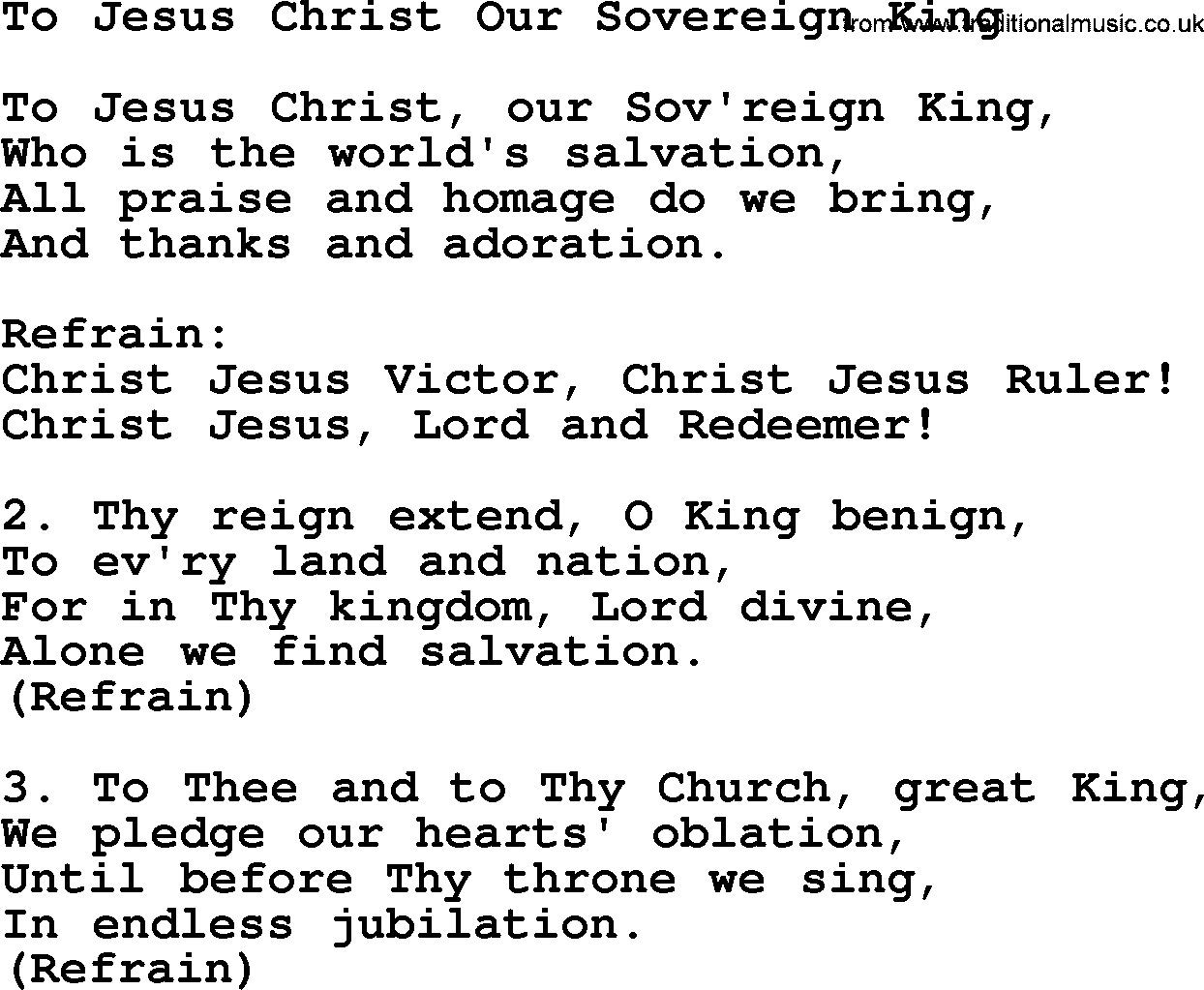 Catholic Hymn: To Jesus Christ Our Sovereign King lyrics with PDF