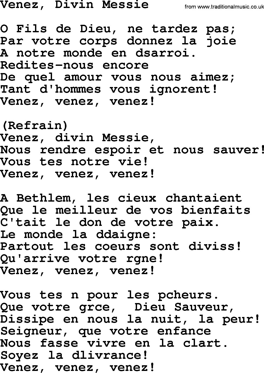 Catholic Hymn: Venez, Divin Messie lyrics with PDF