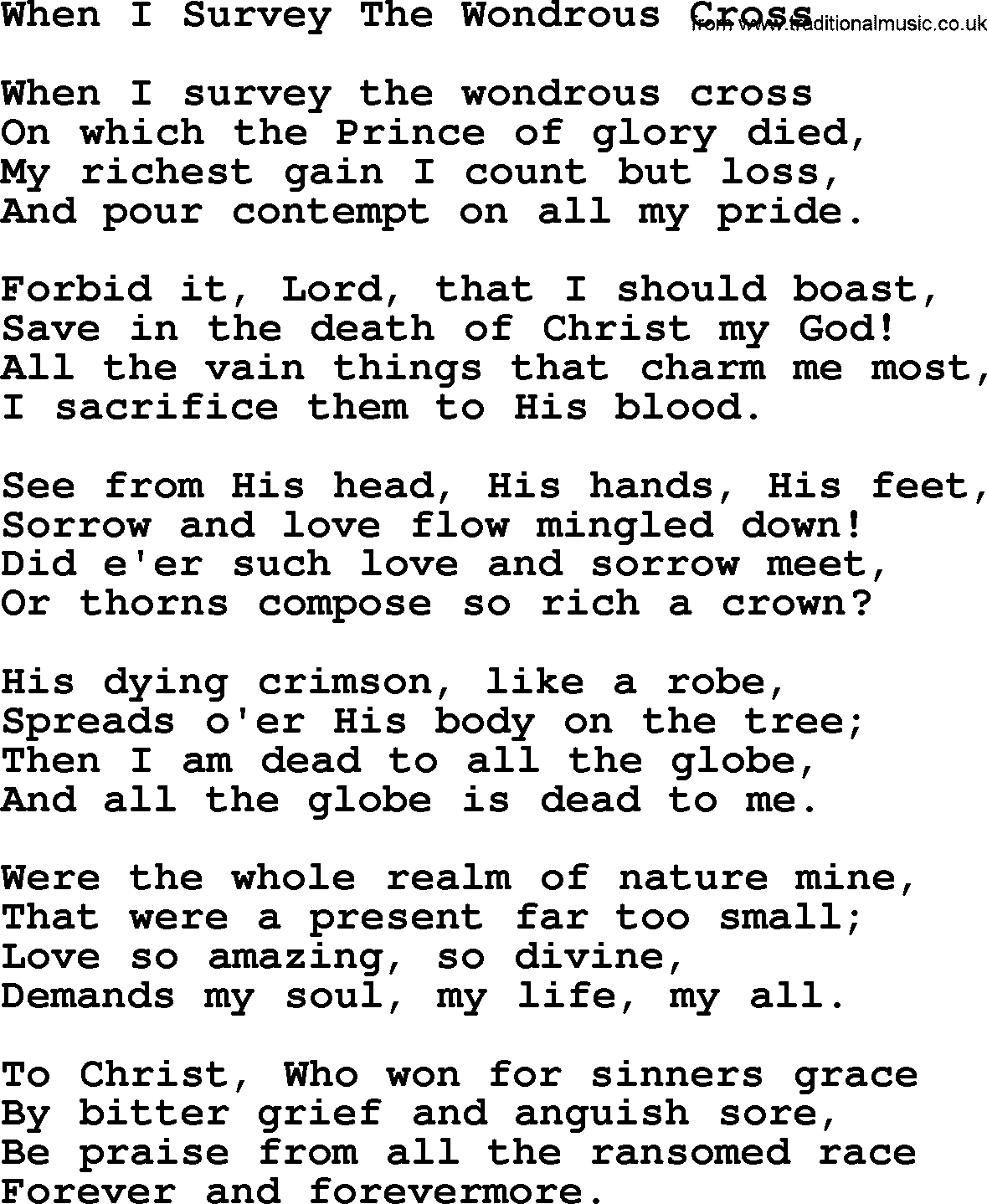 Catholic Hymn: When I Survey The Wondrous Cross lyrics with PDF