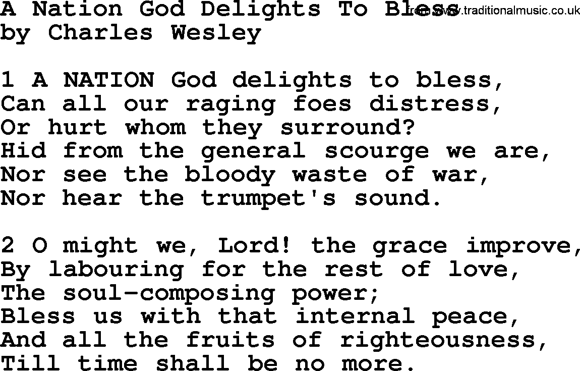 Charles Wesley hymn: A Nation God Delights To Bless, lyrics