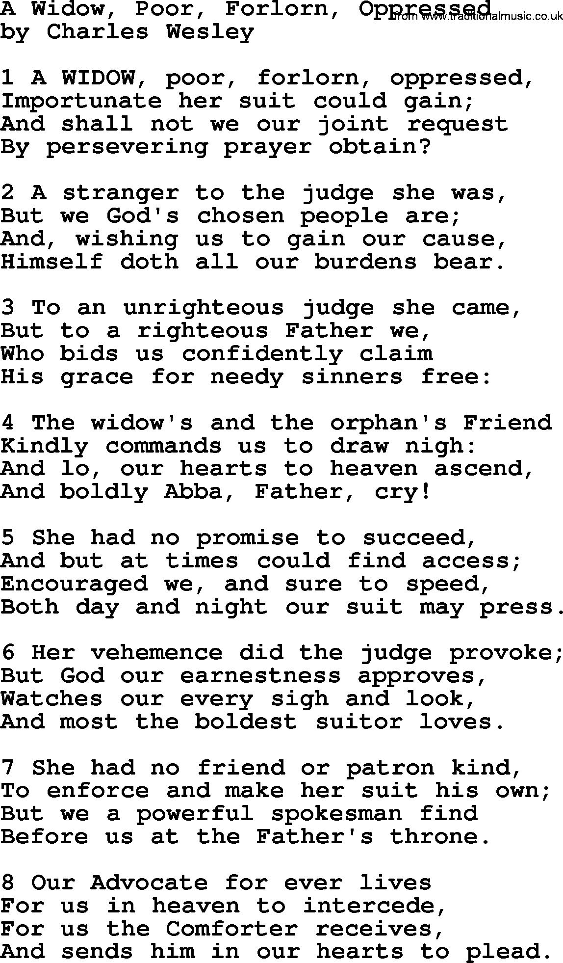 Charles Wesley hymn: A Widow, Poor, Forlorn, Oppressed, lyrics