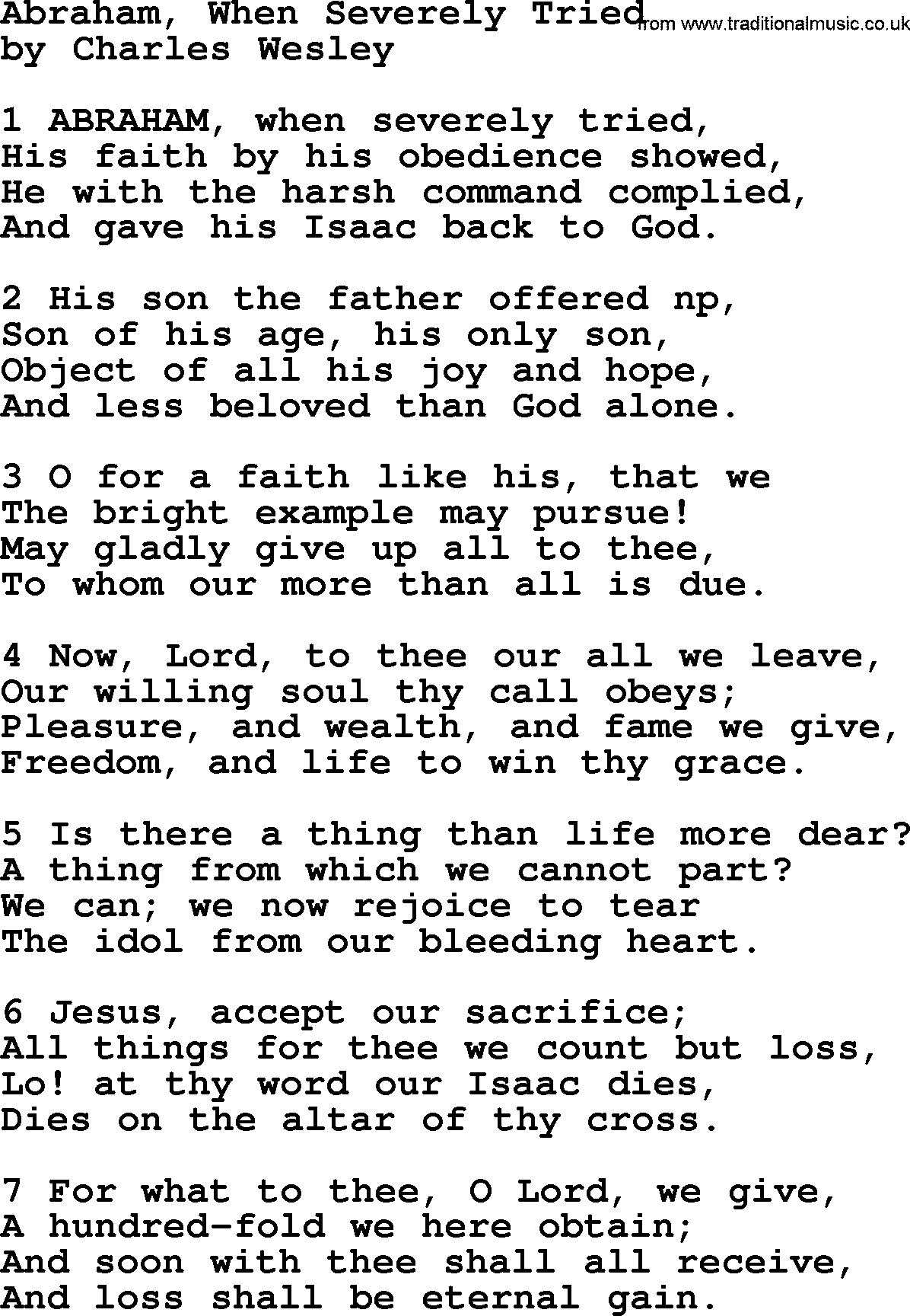 Charles Wesley hymn: Abraham, When Severely Tried, lyrics