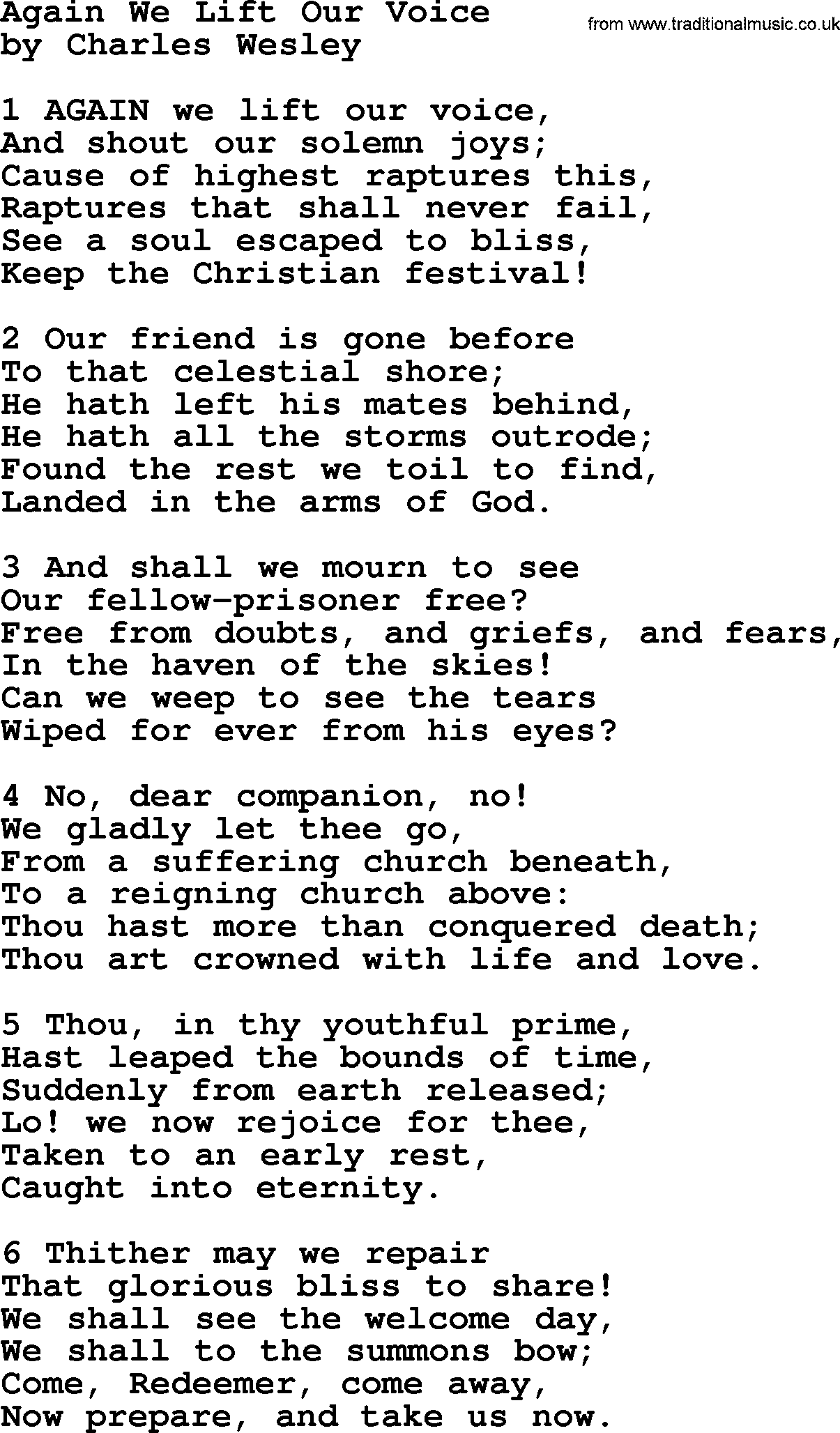 Charles Wesley hymn: Again We Lift Our Voice, lyrics