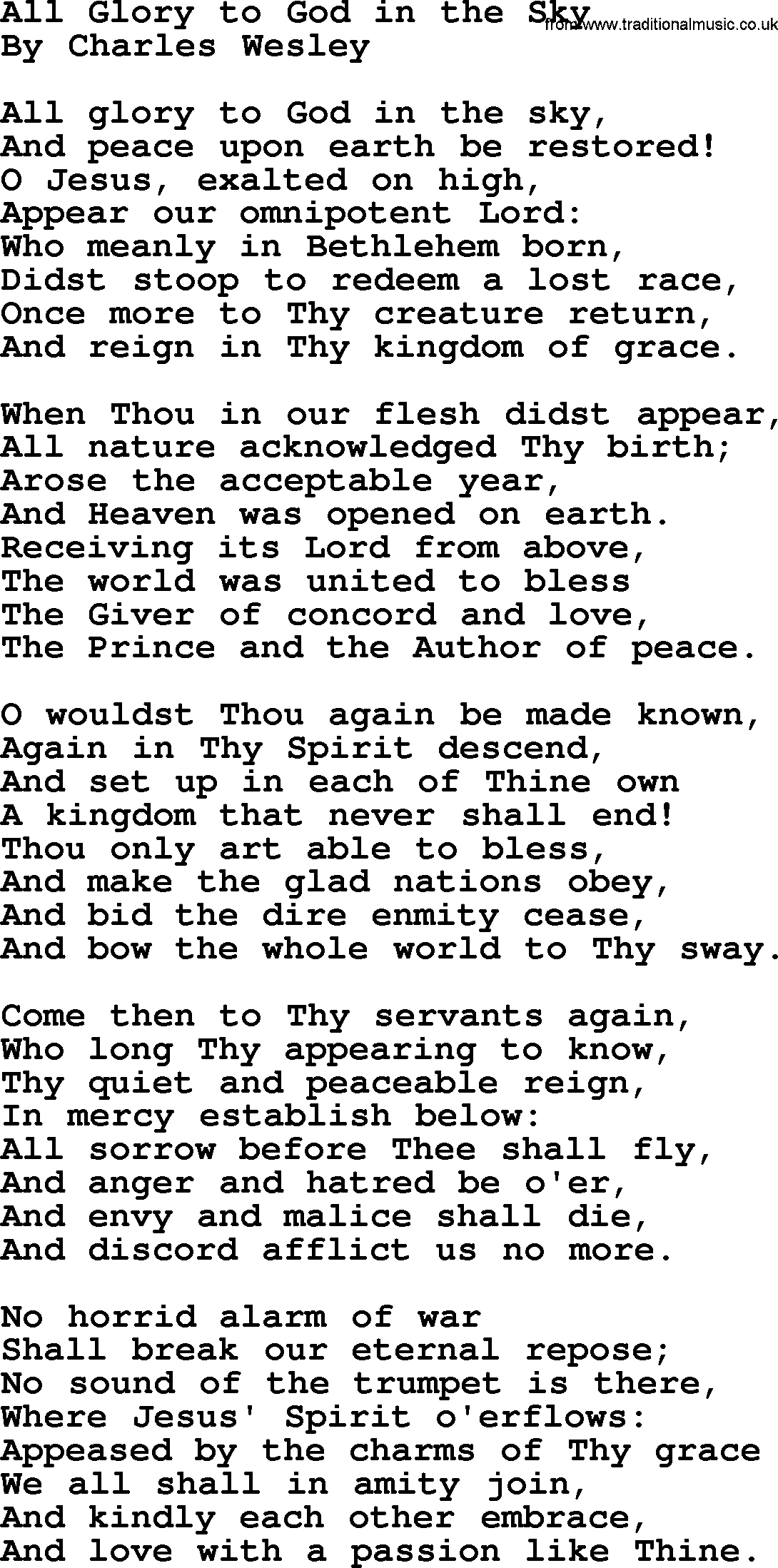 Charles Wesley hymn: All Glory To God In The Sky, lyrics