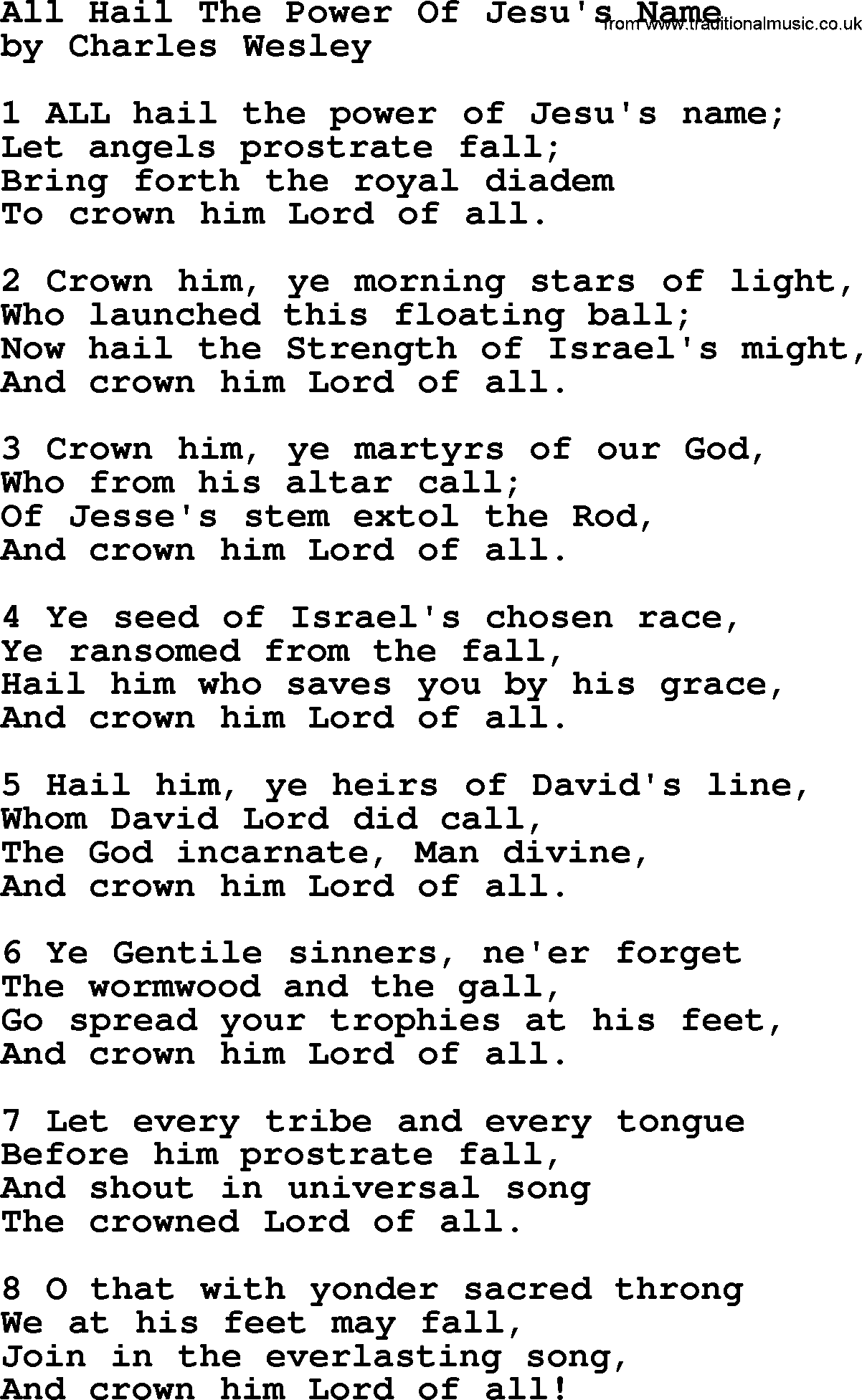 Charles Wesley hymn: All Hail The Power Of Jesu's Name, lyrics
