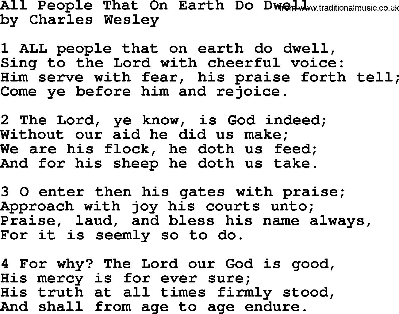 Charles Wesley hymn: All People That On Earth Do Dwell, lyrics