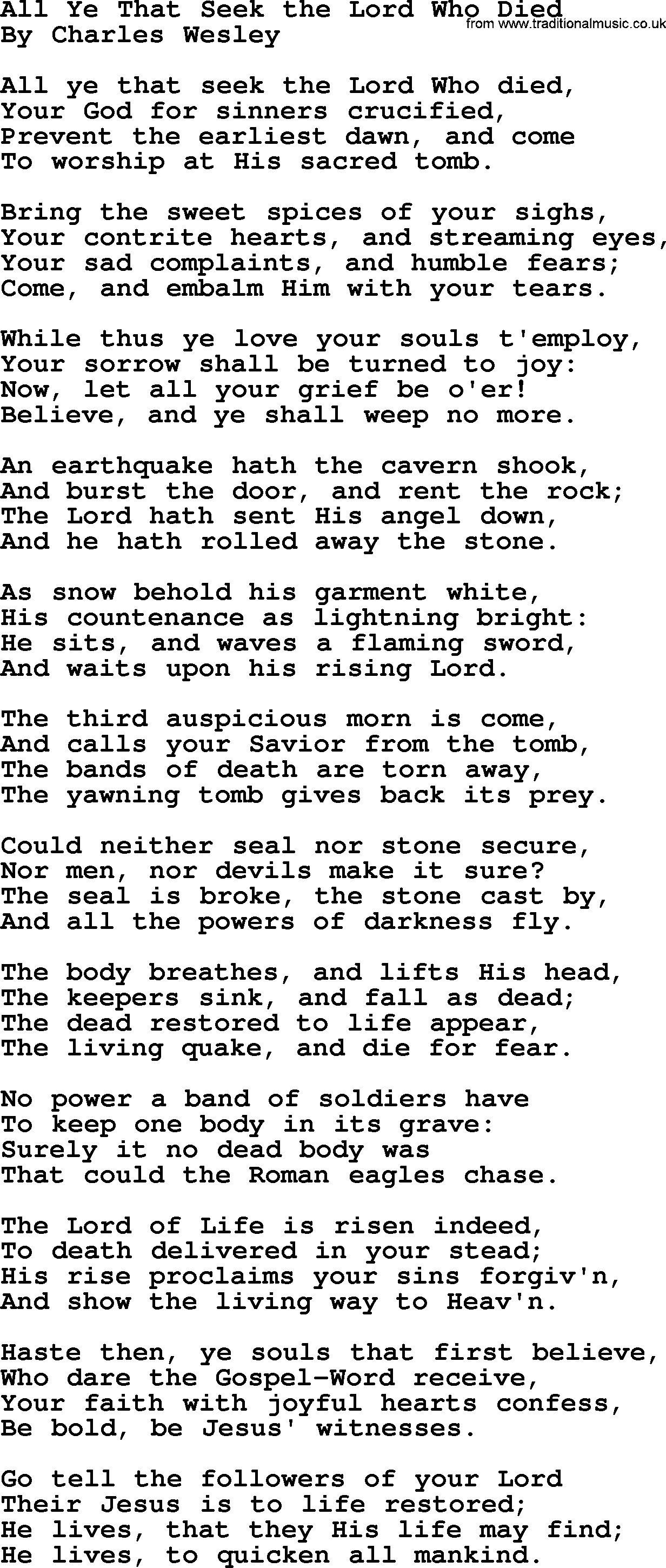 Charles Wesley hymn: All Ye That Seek the Lord Who Died, lyrics
