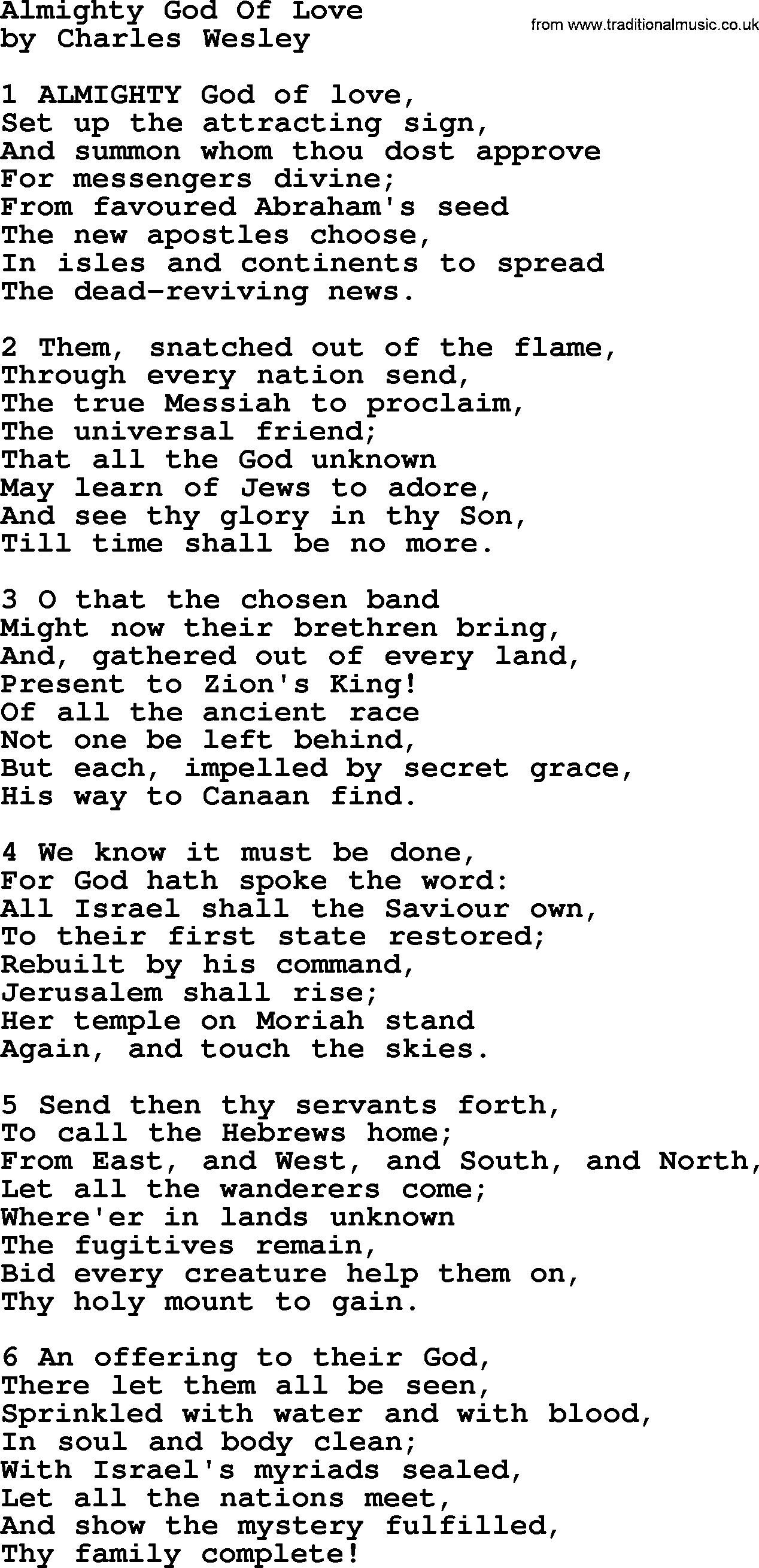 Charles Wesley hymn: Almighty God Of Love, lyrics
