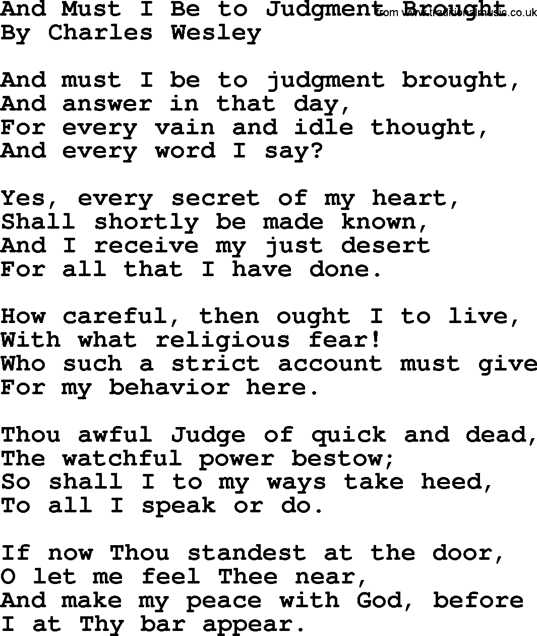 Charles Wesley hymn: And Must I Be to Judgment Brought, lyrics