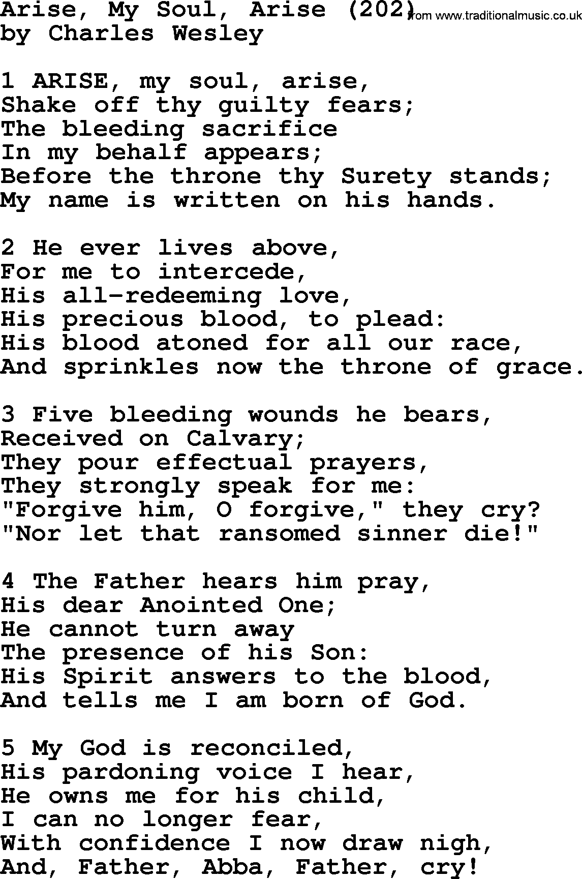 Charles Wesley hymn: Arise, My Soul, Arise (202), lyrics