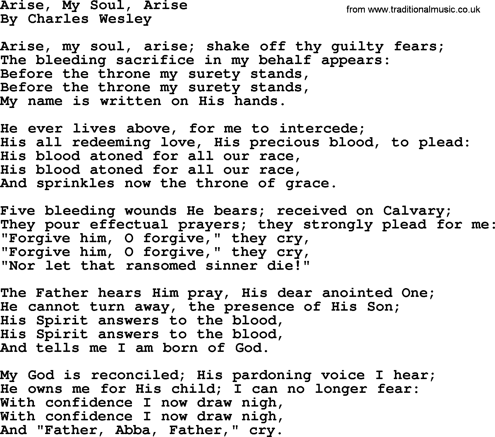 Charles Wesley hymn: Arise, My Soul, Arise, lyrics